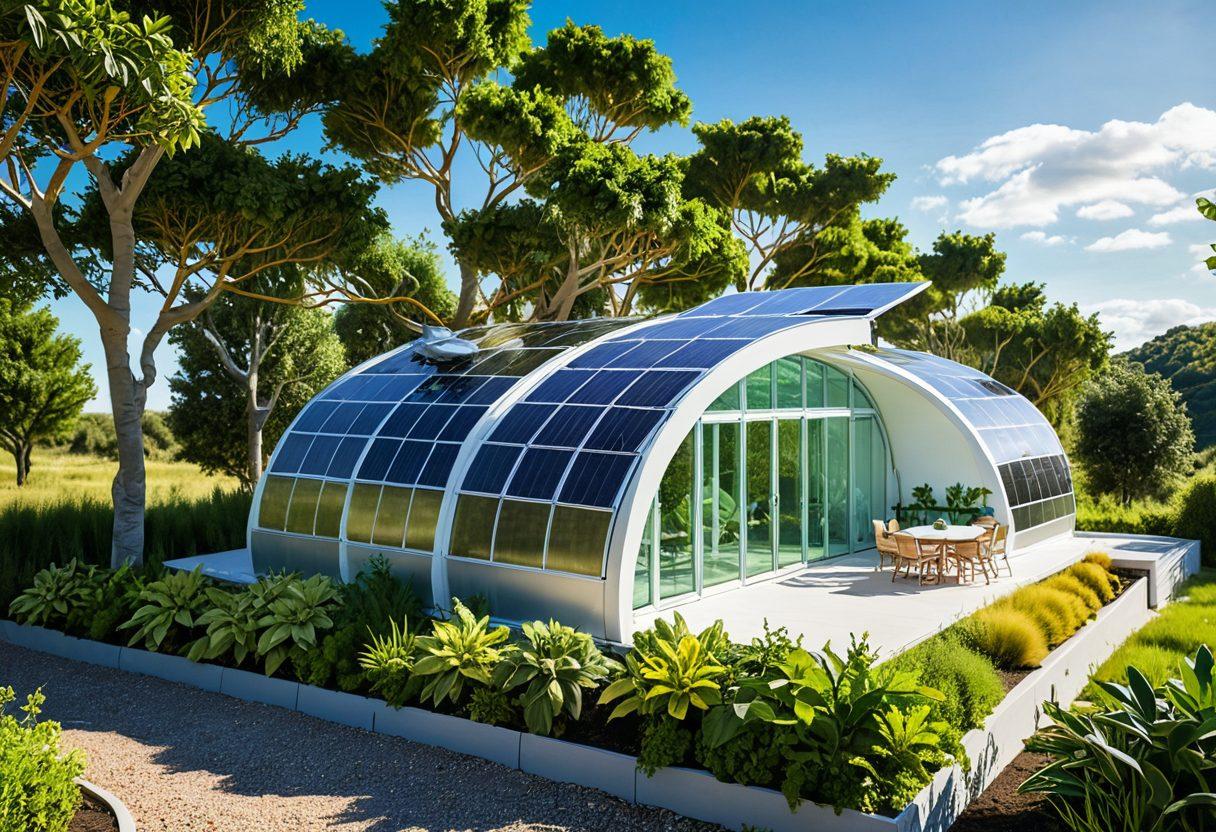 An imaginative blend of green technology and creative designs, featuring inventions like solar-powered gadgets and eco-friendly structures. Include vibrant plants intertwined with modern machinery, showcasing harmony between nature and innovation. A bright blue sky and clean, green landscapes in the background, symbolizing a sustainable future. super-realistic. vibrant colors. white background.