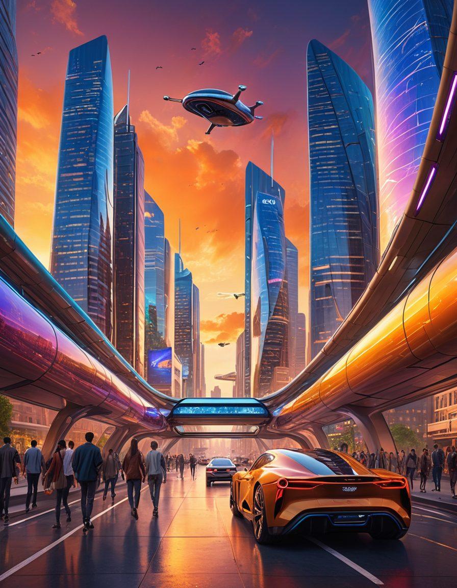 A futuristic city skyline with innovative architecture, showcasing advanced technology like flying cars and holographic displays. In the foreground, diverse people of different ages are collaborating on a creative project, representing the spirit of innovation. The scene is set during sunset, with vibrant colors illuminating the sky. futuristic. vibrant colors. 3D.