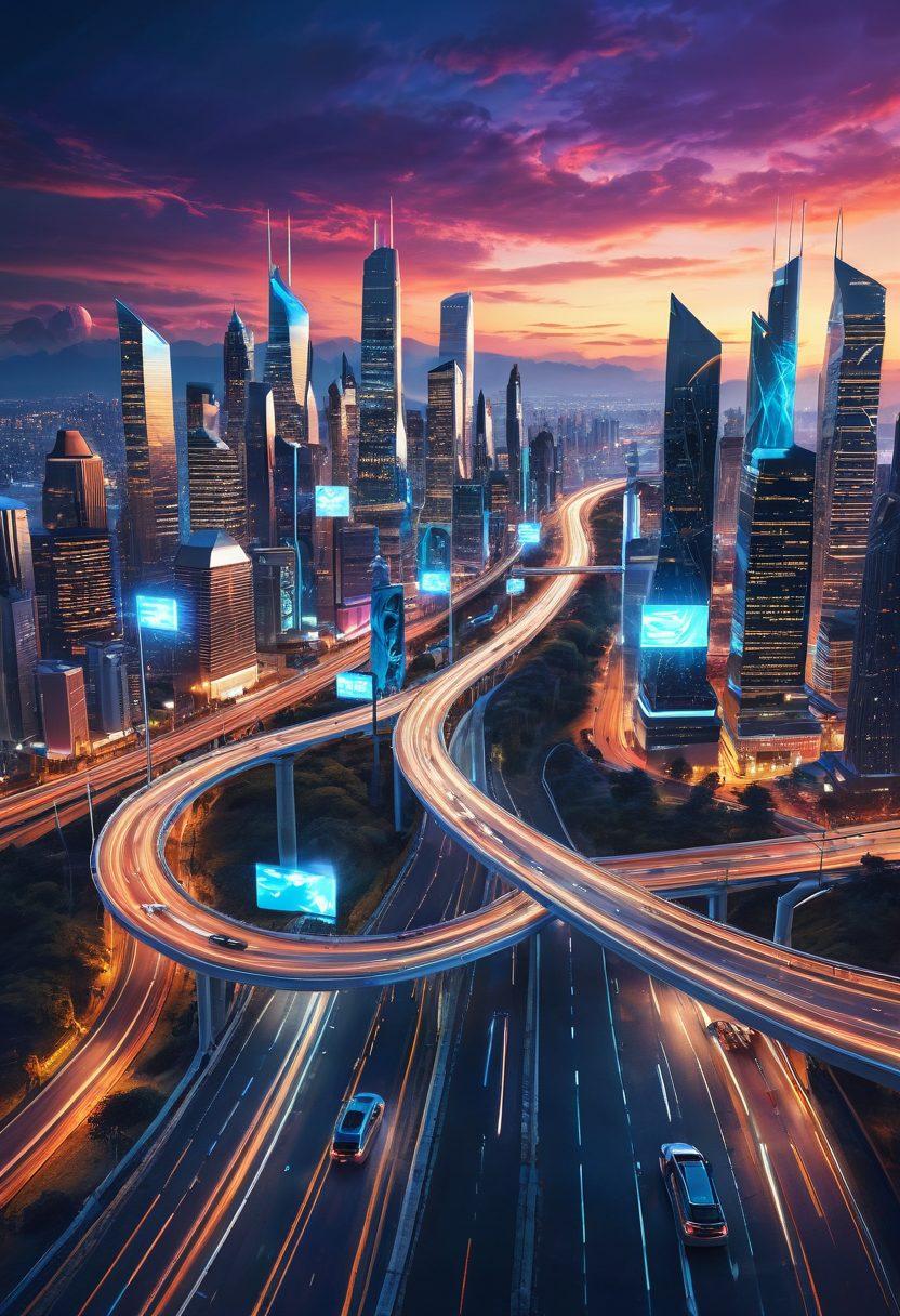 A captivating visual of a winding road symbolizing the journey of tech advancements, lined with milestones representing key innovations like a light bulb, gear, and circuit board. Diverse silhouettes of people brainstorming and collaborating are visible along the path. Futuristic city skyline in the background showcases advanced technology in the sky. Bright and inspiring colors to evoke a sense of creativity and progress. super-realistic. vibrant colors. 3D.